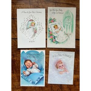 Lot of 4 'New Baby' Christening Greeting Cards, Vintage Greeting Cards